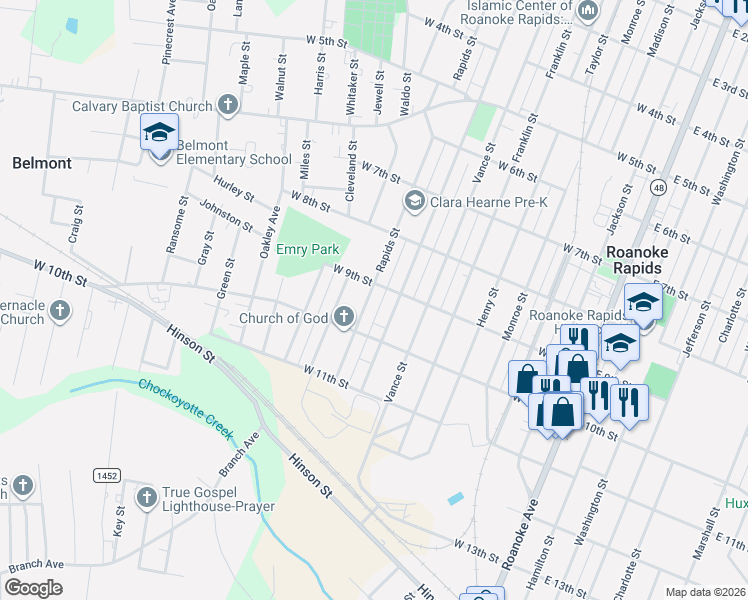 map of restaurants, bars, coffee shops, grocery stores, and more near 902 Rapids Street in Roanoke Rapids