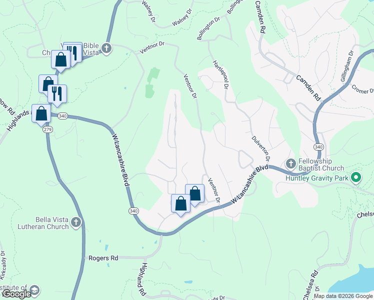 map of restaurants, bars, coffee shops, grocery stores, and more near 55 Ventnor Drive in Bella Vista