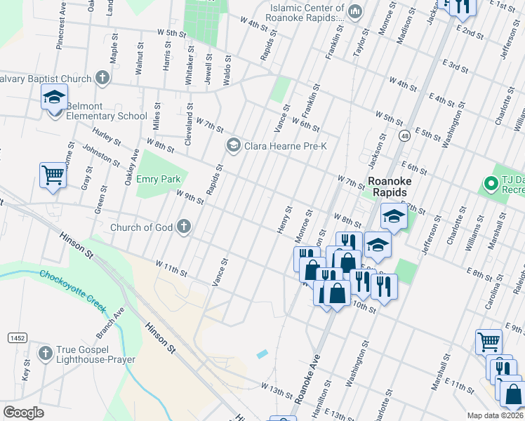map of restaurants, bars, coffee shops, grocery stores, and more near 816 Vance Street in Roanoke Rapids