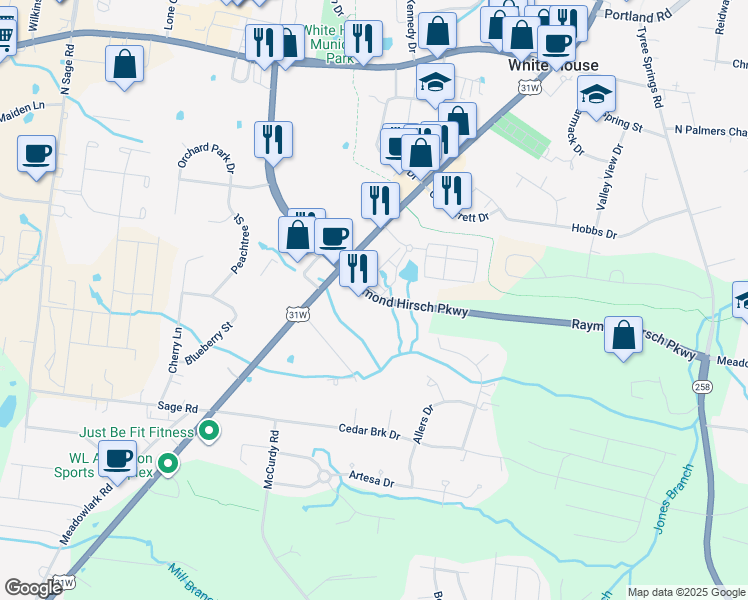 map of restaurants, bars, coffee shops, grocery stores, and more near 538 Raymond Hirsch Parkway in White House