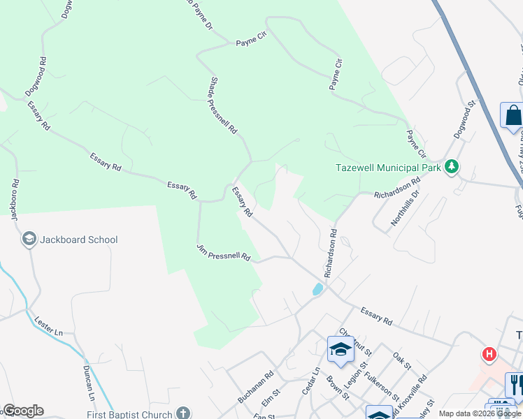 map of restaurants, bars, coffee shops, grocery stores, and more near 720 Essary Road in Tazewell
