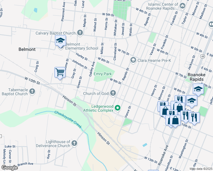 map of restaurants, bars, coffee shops, grocery stores, and more near 915 Wilson Street in Roanoke Rapids