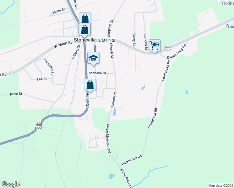 map of restaurants, bars, coffee shops, grocery stores, and more near 301 Church Street in Stoneville