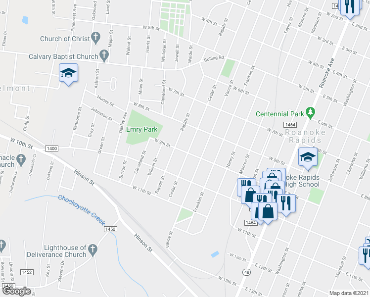 map of restaurants, bars, coffee shops, grocery stores, and more near 821 Cedar Street in Roanoke Rapids