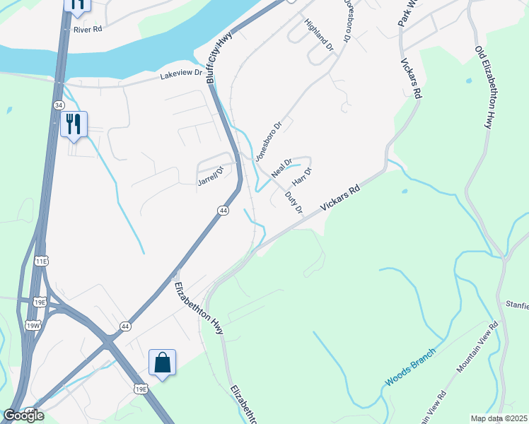 map of restaurants, bars, coffee shops, grocery stores, and more near 516 Ridgeview Circle in Bluff City