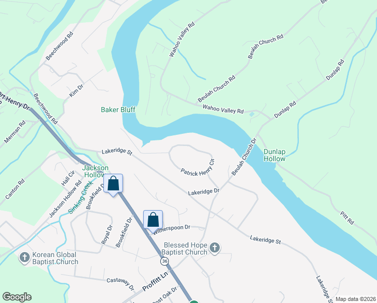 map of restaurants, bars, coffee shops, grocery stores, and more near 214 Patrick Henry Circle in Kingsport