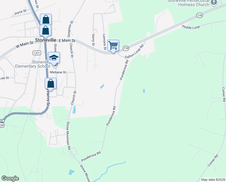 map of restaurants, bars, coffee shops, grocery stores, and more near 108 Ponderosa Road in Stoneville