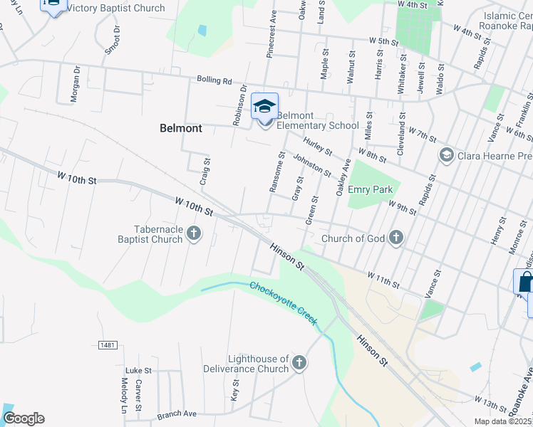 map of restaurants, bars, coffee shops, grocery stores, and more near West 10th Street in Roanoke Rapids