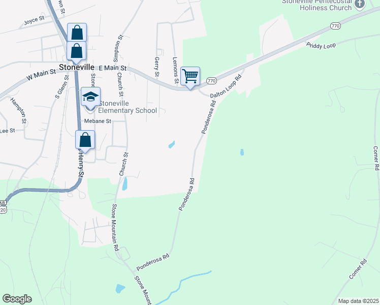 map of restaurants, bars, coffee shops, grocery stores, and more near 108 Ponderosa Road in Stoneville