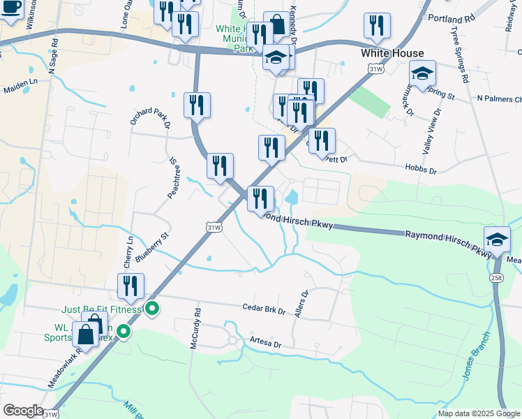 map of restaurants, bars, coffee shops, grocery stores, and more near 538 Raymond Hirsch Parkway in White House
