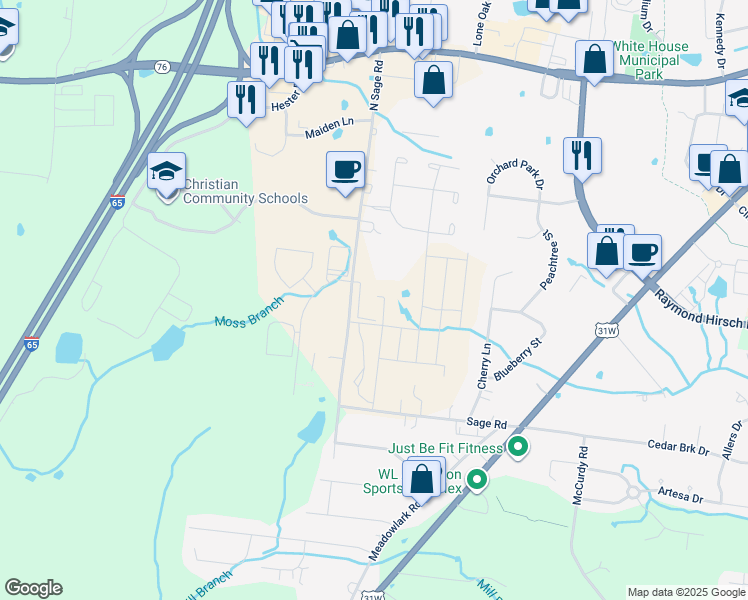 map of restaurants, bars, coffee shops, grocery stores, and more near 214 North Sage Road in White House