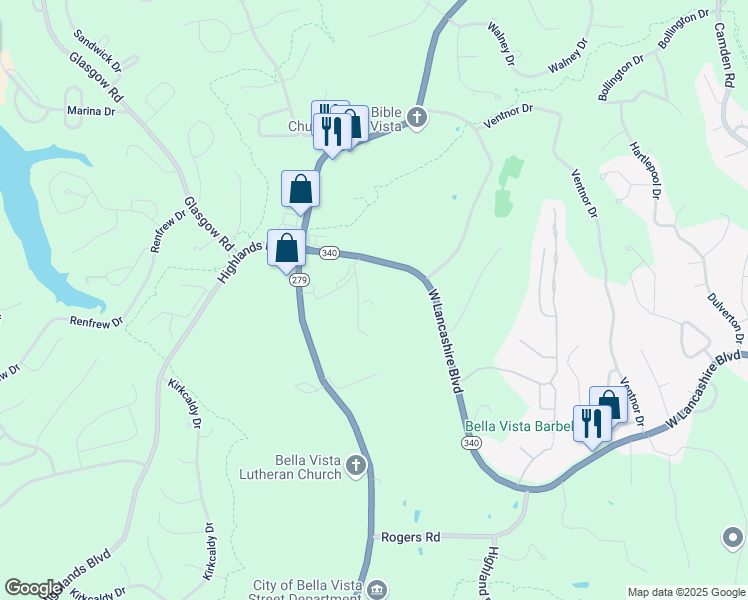 map of restaurants, bars, coffee shops, grocery stores, and more near 1 Highlands Boulevard in Bella Vista