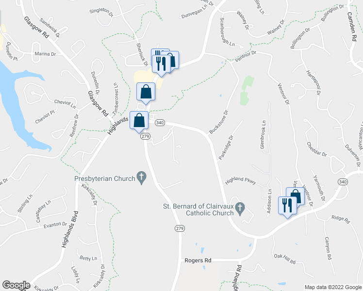 map of restaurants, bars, coffee shops, grocery stores, and more near 1 Highlands Boulevard in Bella Vista