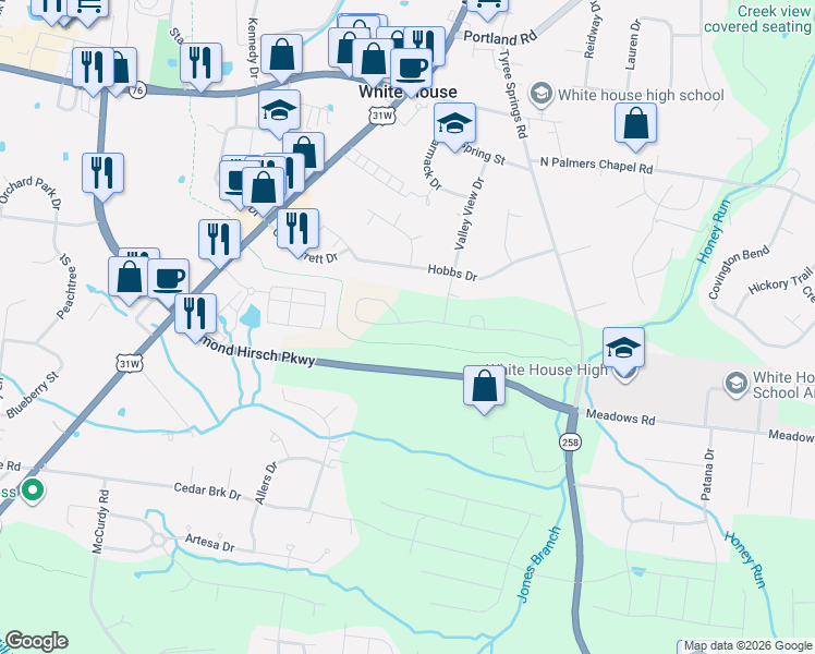 map of restaurants, bars, coffee shops, grocery stores, and more near 341 Brook Avenue in White House
