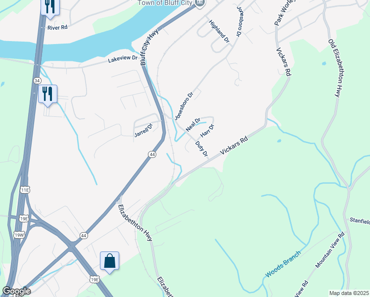 map of restaurants, bars, coffee shops, grocery stores, and more near 516 Ridgeview Circle in Bluff City