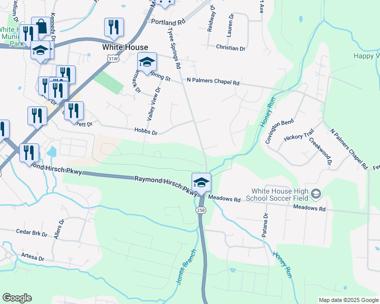 map of restaurants, bars, coffee shops, grocery stores, and more near 319 Tyree Springs Road in White House