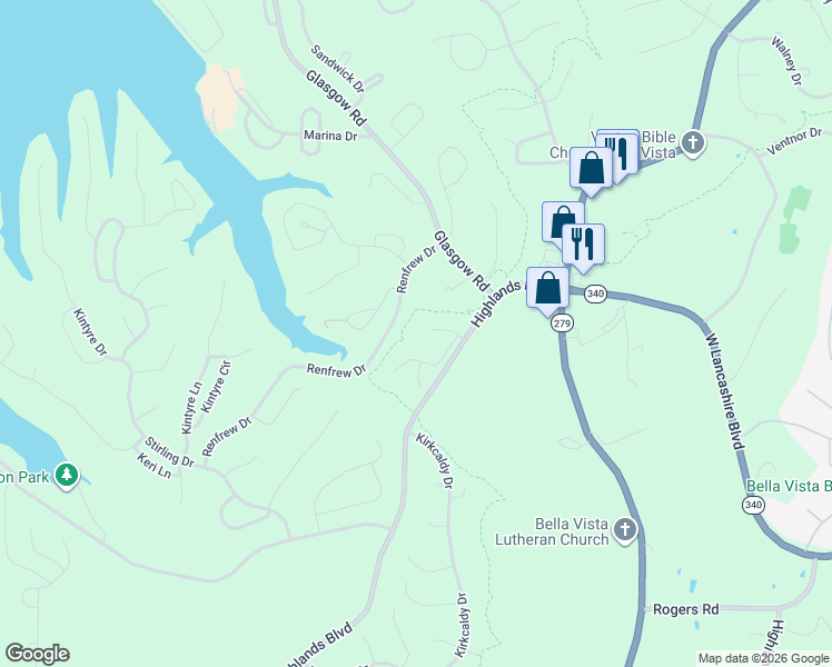 map of restaurants, bars, coffee shops, grocery stores, and more near 14 Barrhead Lane in Bella Vista