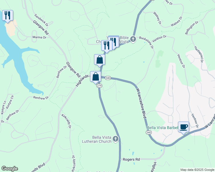 map of restaurants, bars, coffee shops, grocery stores, and more near 1801 Forest Hills Boulevard in Bella Vista