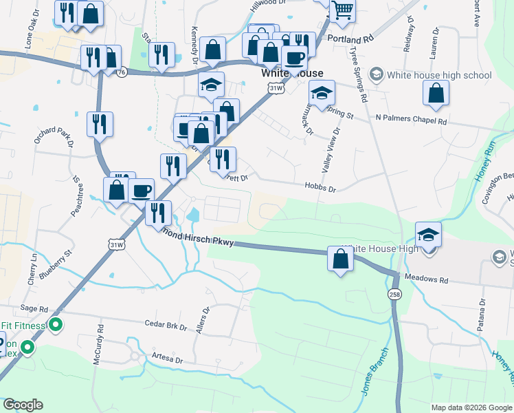 map of restaurants, bars, coffee shops, grocery stores, and more near 203 Hobbs Drive in White House