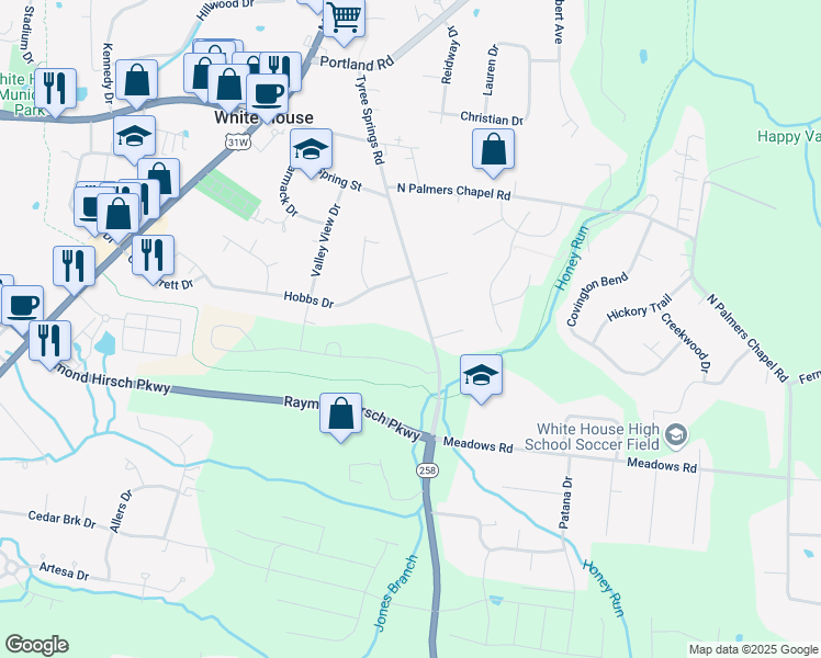 map of restaurants, bars, coffee shops, grocery stores, and more near 319 Tyree Springs Rd in White House