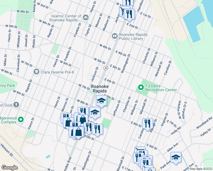 map of restaurants, bars, coffee shops, grocery stores, and more near 613 Hamilton Street in Roanoke Rapids