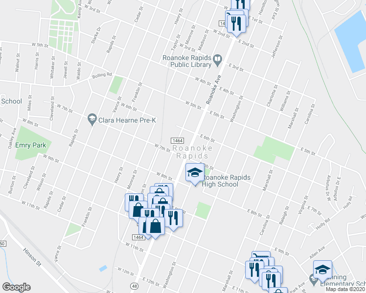 map of restaurants, bars, coffee shops, grocery stores, and more near 53 Jarman Street in Roanoke Rapids