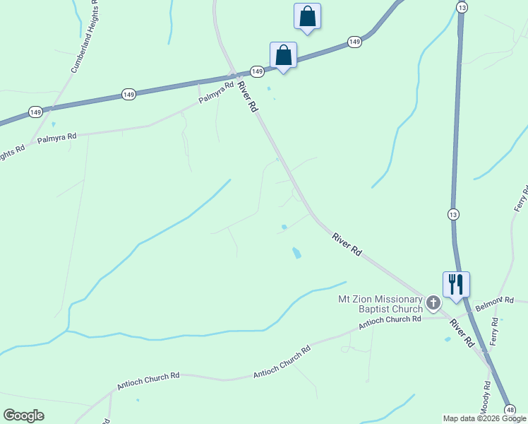 map of restaurants, bars, coffee shops, grocery stores, and more near 2162 River Road in Clarksville