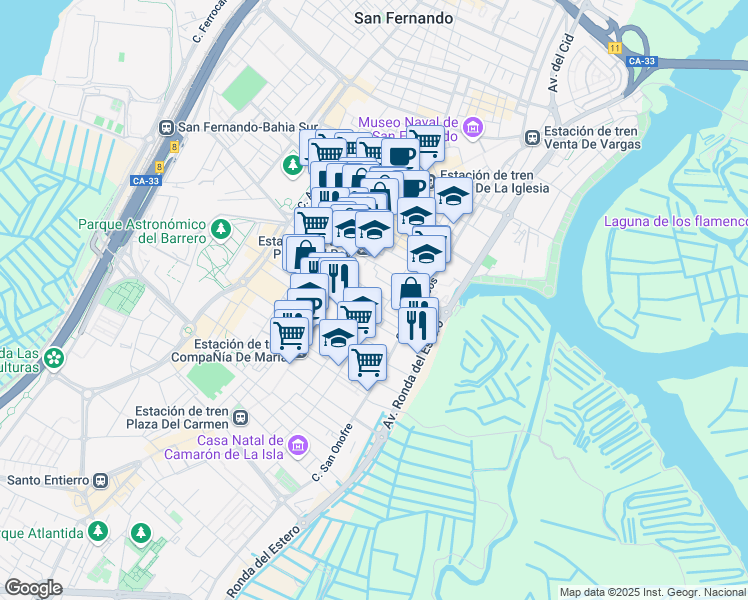map of restaurants, bars, coffee shops, grocery stores, and more near 1 Calle Mallorca in San Fernando