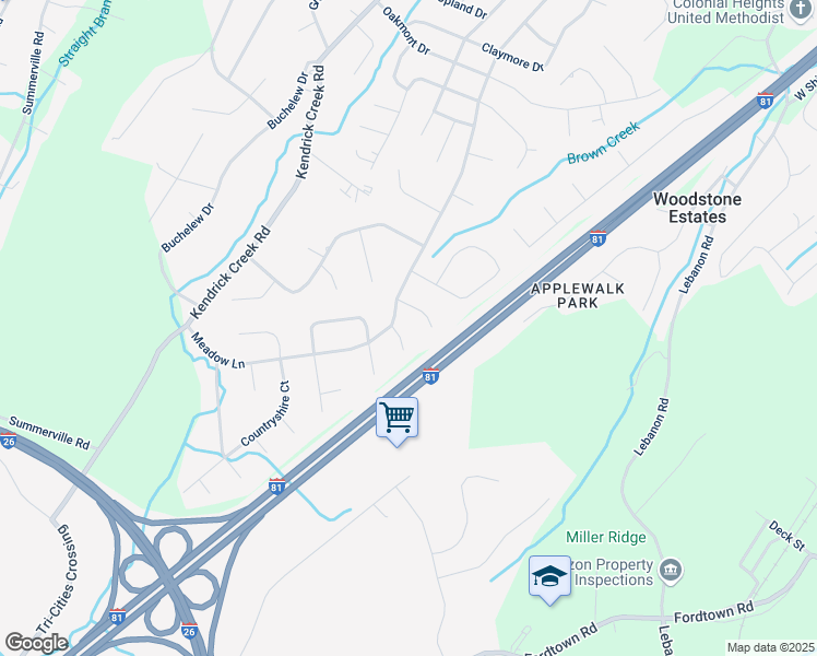 map of restaurants, bars, coffee shops, grocery stores, and more near 1005 Meadow Lane in Kingsport