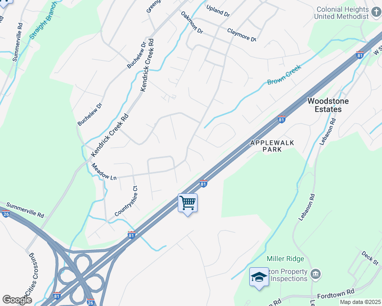map of restaurants, bars, coffee shops, grocery stores, and more near 1005 Meadow Lane in Kingsport