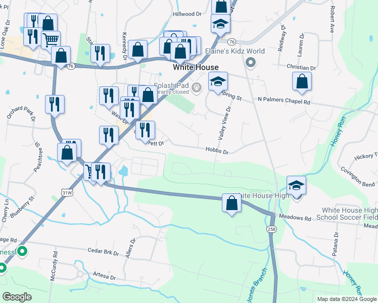 map of restaurants, bars, coffee shops, grocery stores, and more near 209 Hobbs Drive in White House