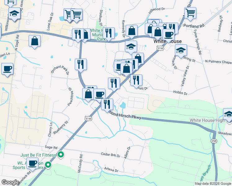 map of restaurants, bars, coffee shops, grocery stores, and more near 2940 U.S. 31W in White House