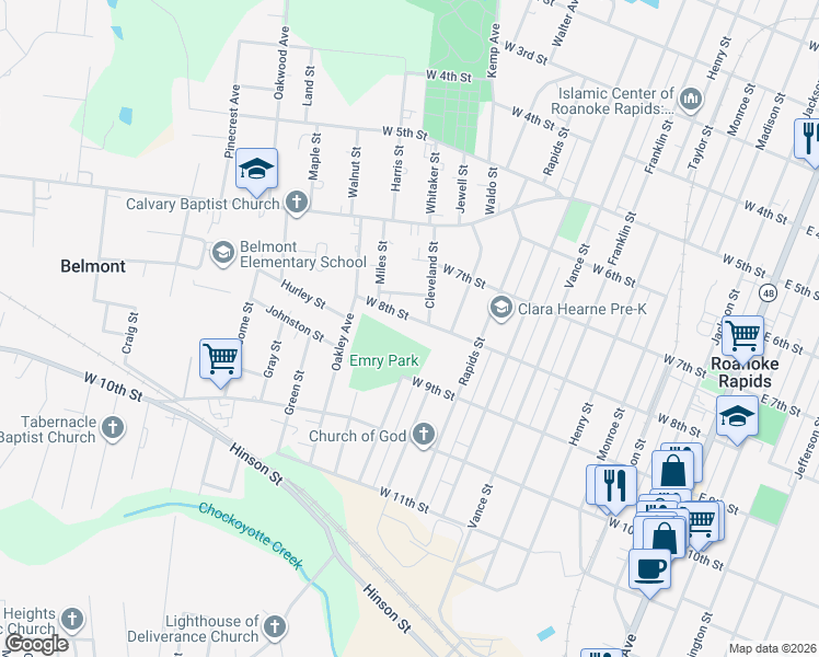 map of restaurants, bars, coffee shops, grocery stores, and more near 1029 West 8th Street in Roanoke Rapids