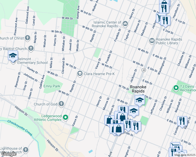 map of restaurants, bars, coffee shops, grocery stores, and more near 701 Franklin Street in Roanoke Rapids
