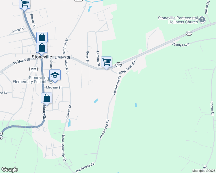 map of restaurants, bars, coffee shops, grocery stores, and more near 102 Ponderosa Road in Stoneville