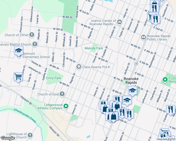 map of restaurants, bars, coffee shops, grocery stores, and more near 703 Vance Street in Roanoke Rapids