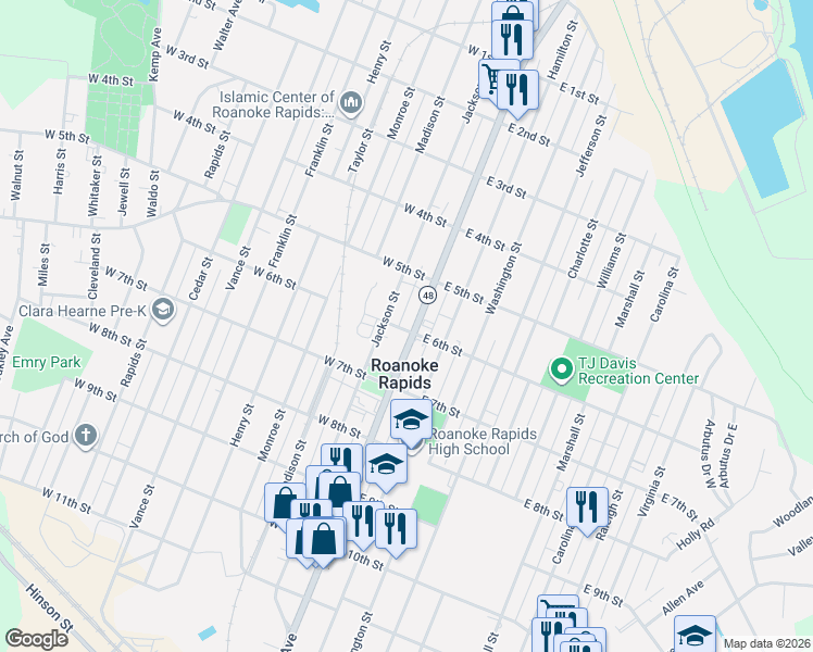 map of restaurants, bars, coffee shops, grocery stores, and more near 501-599 Roanoke Avenue in Roanoke Rapids