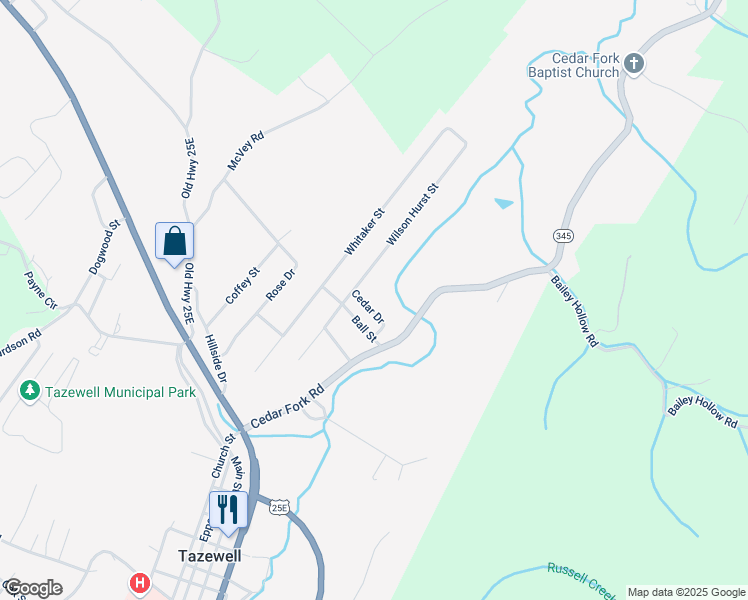 map of restaurants, bars, coffee shops, grocery stores, and more near 313 Wilson Hurst Street in Tazewell