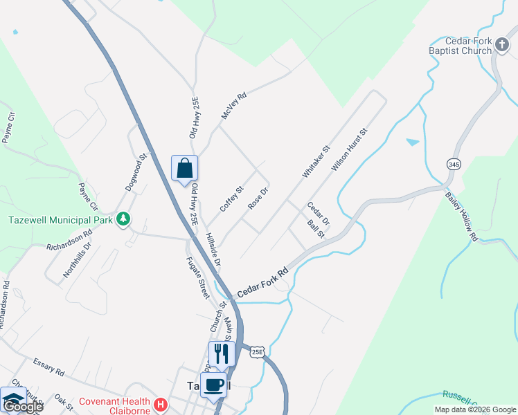 map of restaurants, bars, coffee shops, grocery stores, and more near 221 Rose Drive in Tazewell
