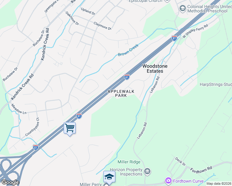 map of restaurants, bars, coffee shops, grocery stores, and more near 3265 Winesap Road in Kingsport