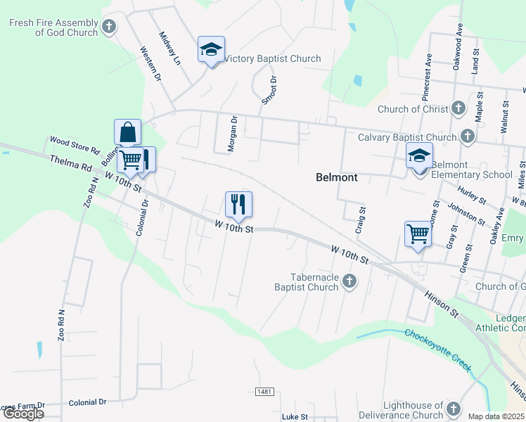 map of restaurants, bars, coffee shops, grocery stores, and more near 1996 West 10th Street in Roanoke Rapids