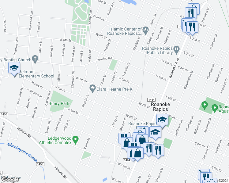 map of restaurants, bars, coffee shops, grocery stores, and more near 503 West 7th Street in Roanoke Rapids