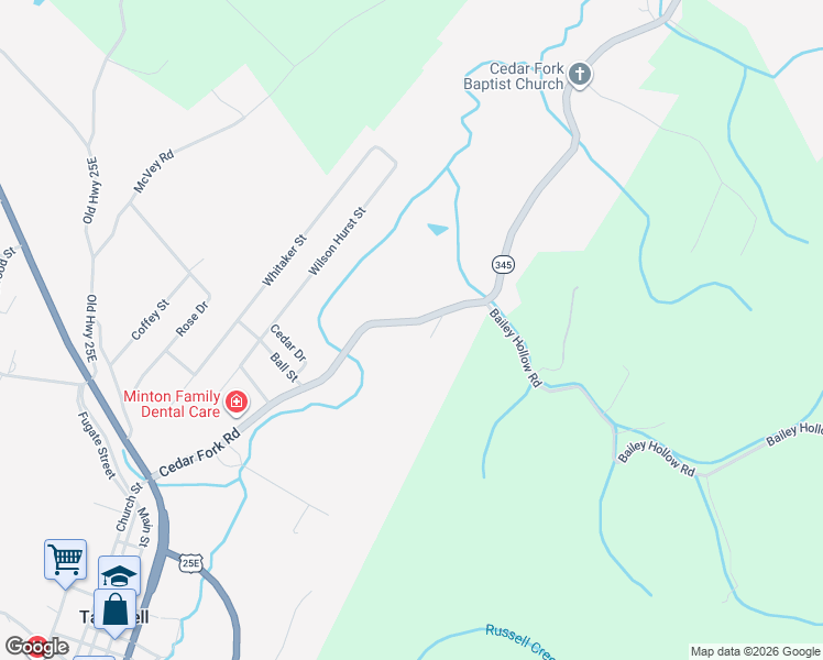 map of restaurants, bars, coffee shops, grocery stores, and more near 409 Cedar Fork Road in Tazewell