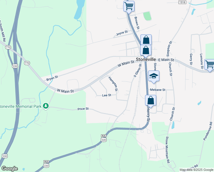 map of restaurants, bars, coffee shops, grocery stores, and more near 105 Woodland Drive in Stoneville