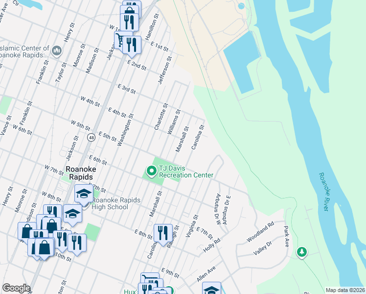 map of restaurants, bars, coffee shops, grocery stores, and more near 401 Carolina Street in Roanoke Rapids