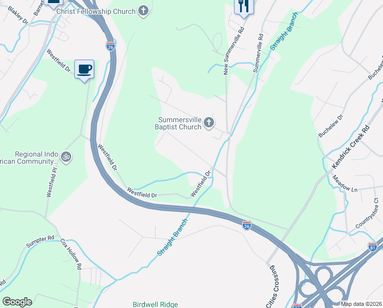 map of restaurants, bars, coffee shops, grocery stores, and more near 299 Easy Street in Kingsport