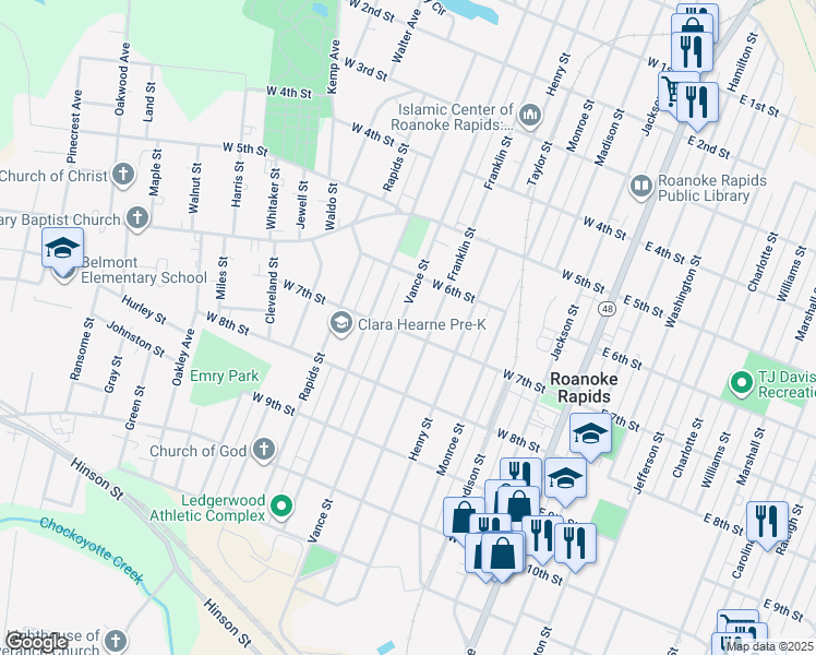 map of restaurants, bars, coffee shops, grocery stores, and more near 630 Vance Street in Roanoke Rapids