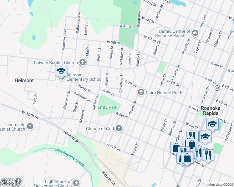 map of restaurants, bars, coffee shops, grocery stores, and more near 1029 W 8th St in Roanoke Rapids
