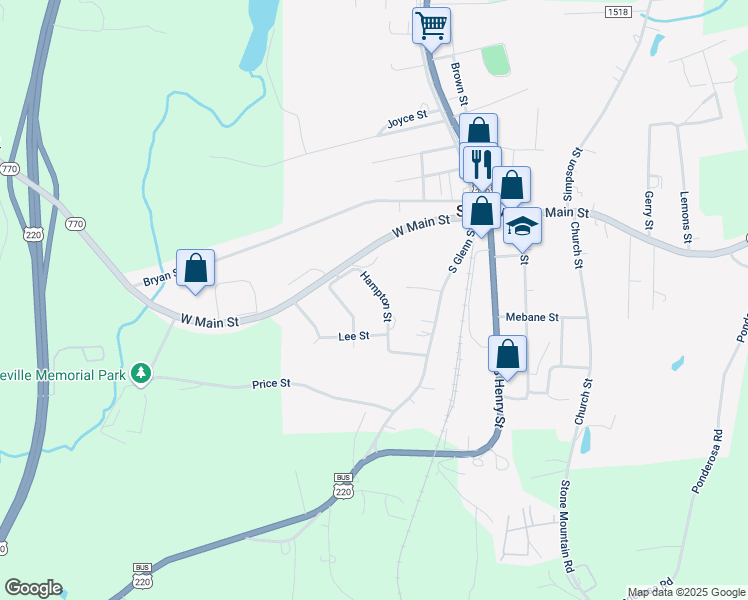 map of restaurants, bars, coffee shops, grocery stores, and more near 105 Woodland Drive in Stoneville