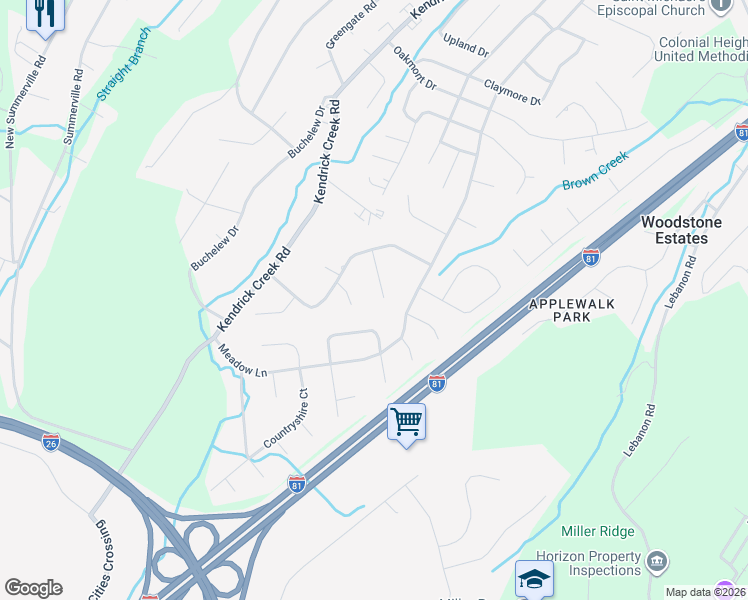 map of restaurants, bars, coffee shops, grocery stores, and more near 120 Partridge Place in Kingsport